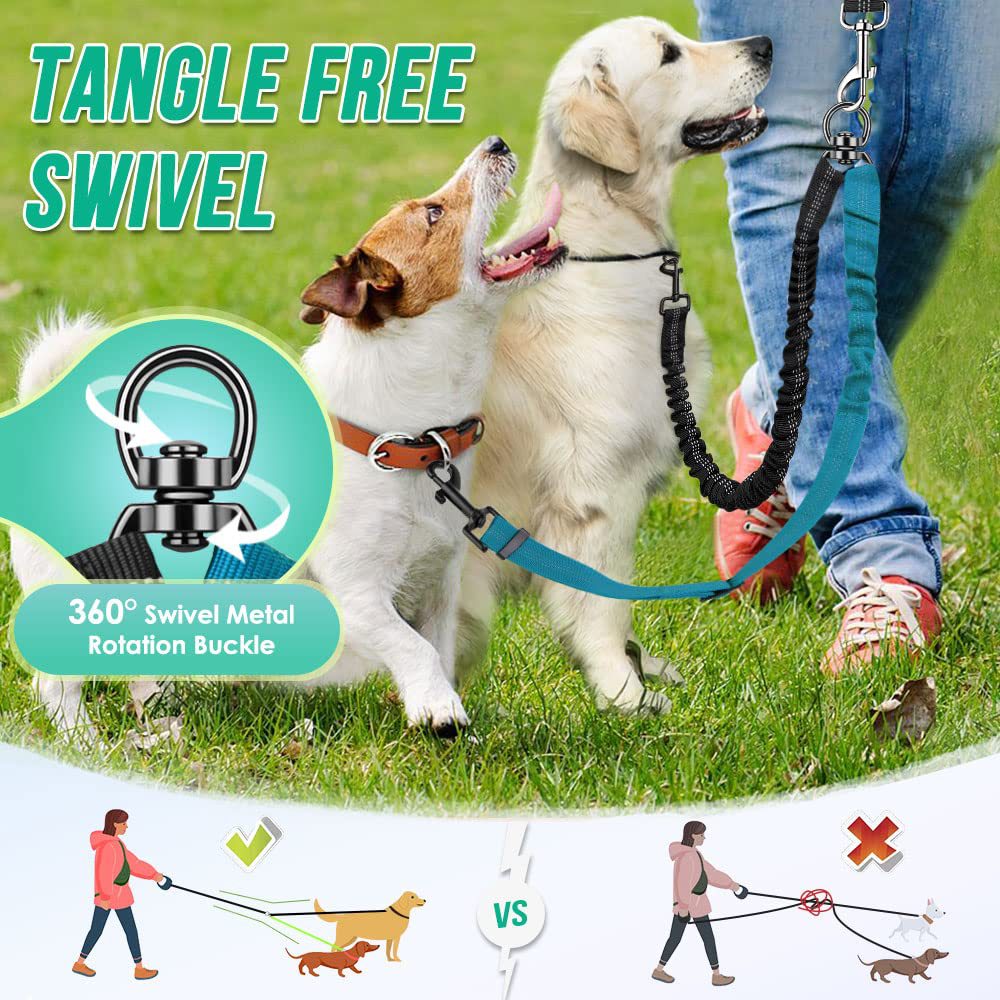 Adjustable Reflective Double Dog Leash Coupler | No-Tangle Dual Dog Splitter with Shock Absorbing Bungee