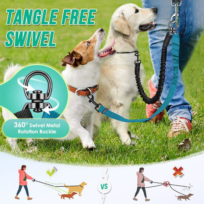 Adjustable Reflective Double Dog Leash Coupler | No-Tangle Dual Dog Splitter with Shock Absorbing Bungee