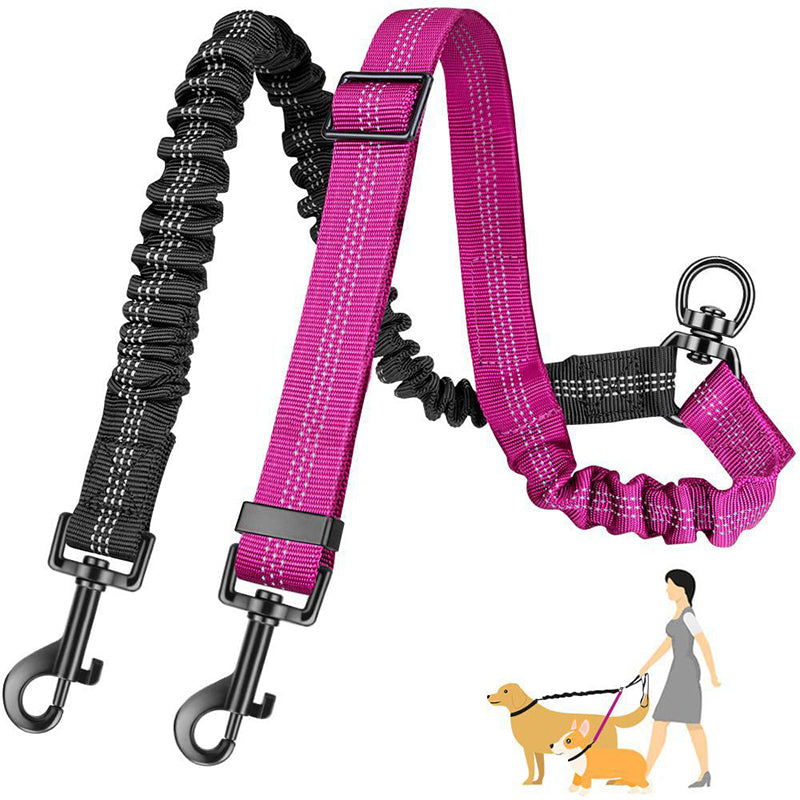 Adjustable Reflective Double Dog Leash Coupler | No-Tangle Dual Dog Splitter with Shock Absorbing Bungee