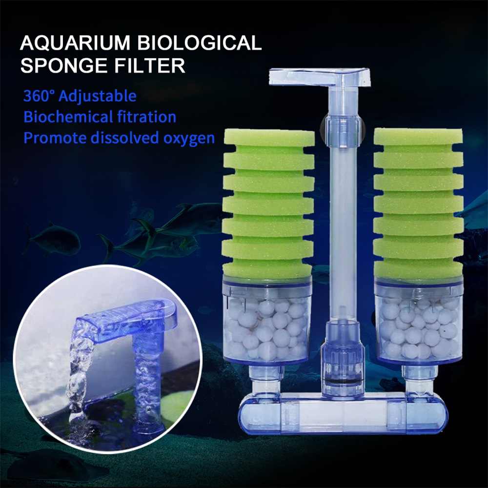 Double Sponge Bio Filter for Aquarium with Ceramic Media Balls Air Powered