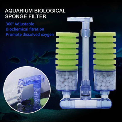 Double Sponge Bio Filter for Aquarium with Ceramic Media Balls Air Powered