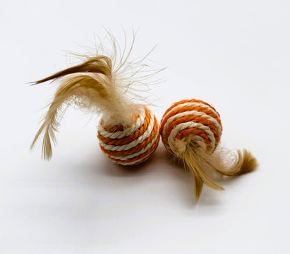 2 Pack Striped Sisal Feather Ball Cat Toys | Interactive Rattle Balls with Natural Feathers for Indoor Cats & Kittens