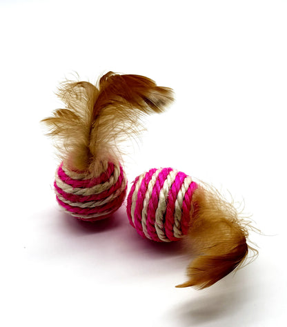 2 Pack Striped Sisal Feather Ball Cat Toys | Interactive Rattle Balls with Natural Feathers for Indoor Cats & Kittens