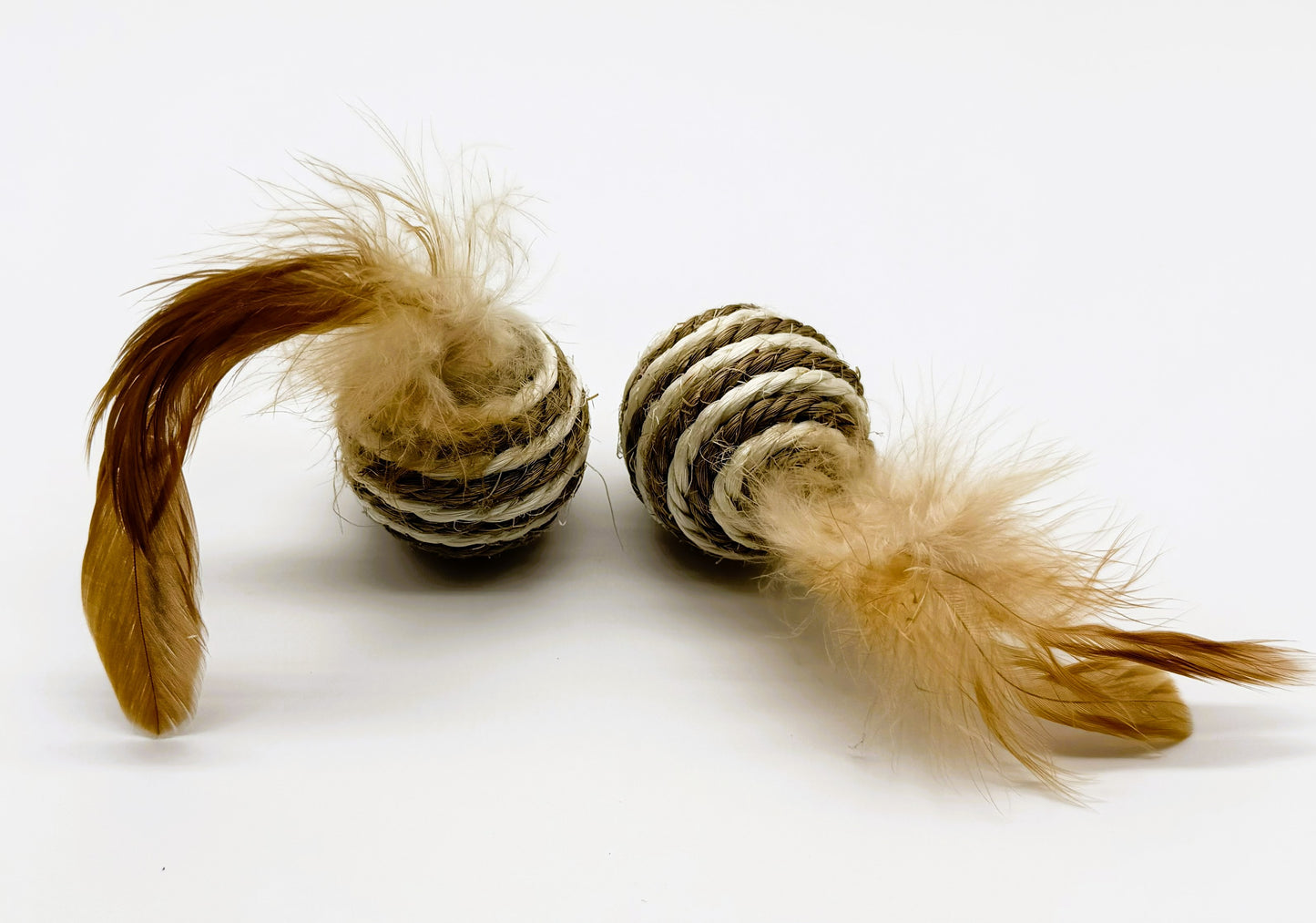 2 Pack Striped Sisal Feather Ball Cat Toys | Interactive Rattle Balls with Natural Feathers for Indoor Cats & Kittens
