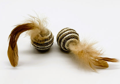 2 Pack Striped Sisal Feather Ball Cat Toys | Interactive Rattle Balls with Natural Feathers for Indoor Cats & Kittens