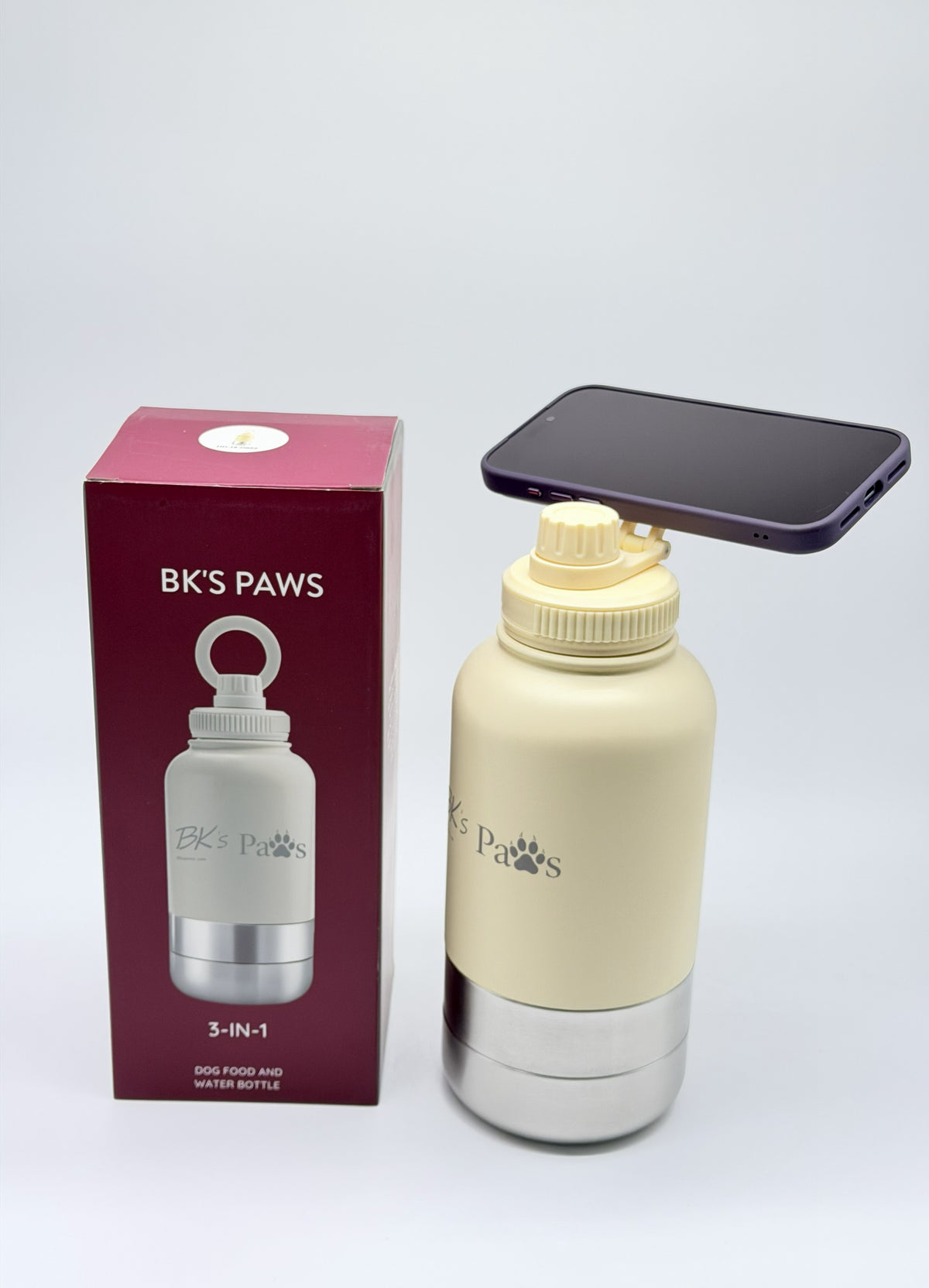 BK’s Paws 3-in-1 Insulated Travel Bottle with 2 Bowls & Phone Holder