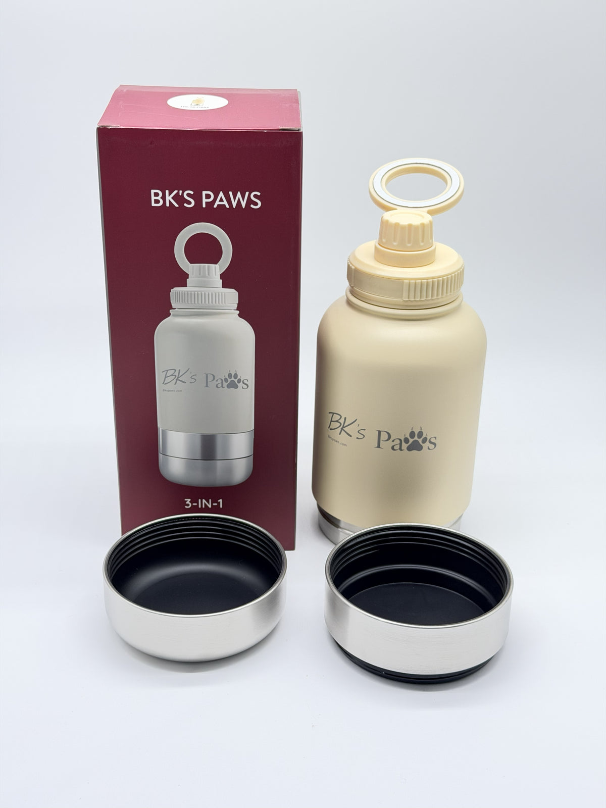 BK’s Paws 3-in-1 Insulated Travel Bottle with 2 Bowls & Phone Holder