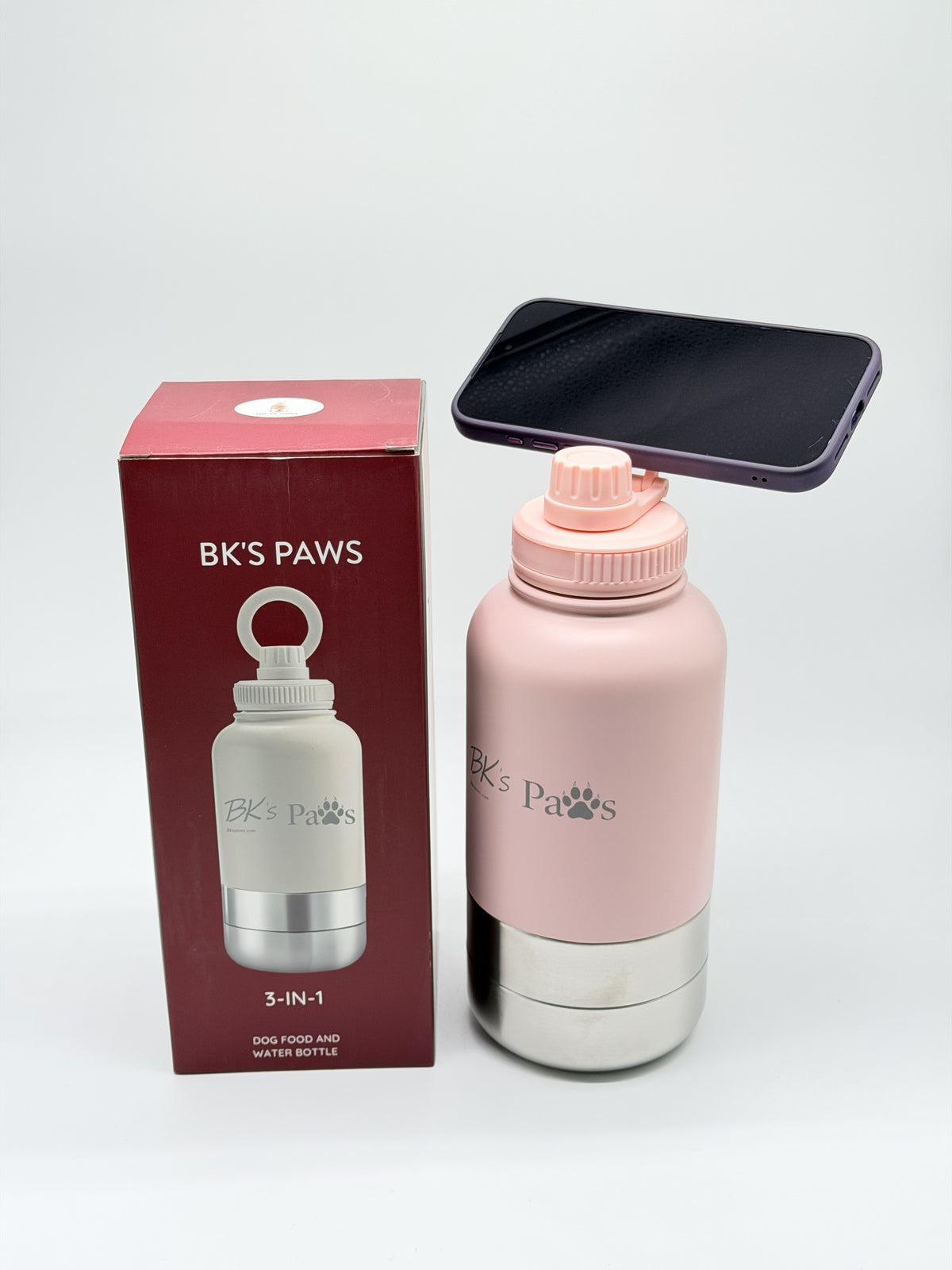 BK’s Paws 3-in-1 Insulated Travel Bottle with 2 Bowls & Phone Holder