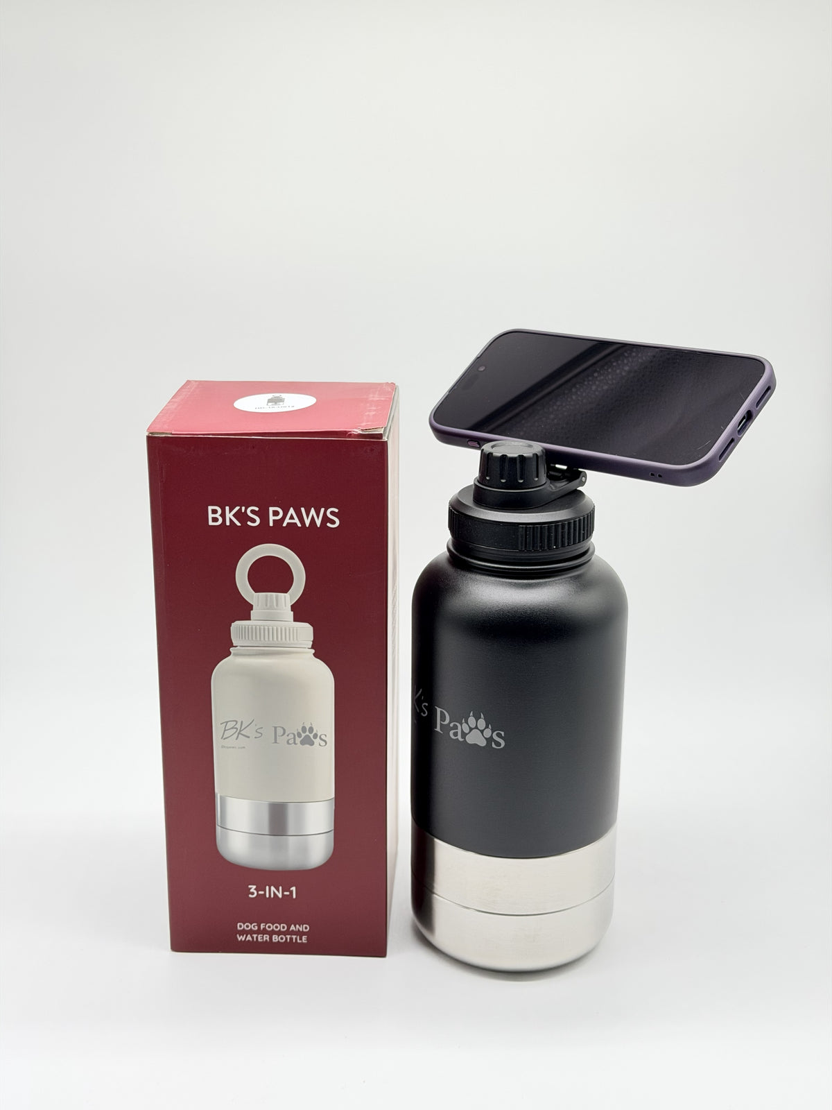 BK’s Paws 3-in-1 Insulated Travel Bottle with 2 Bowls & Phone Holder