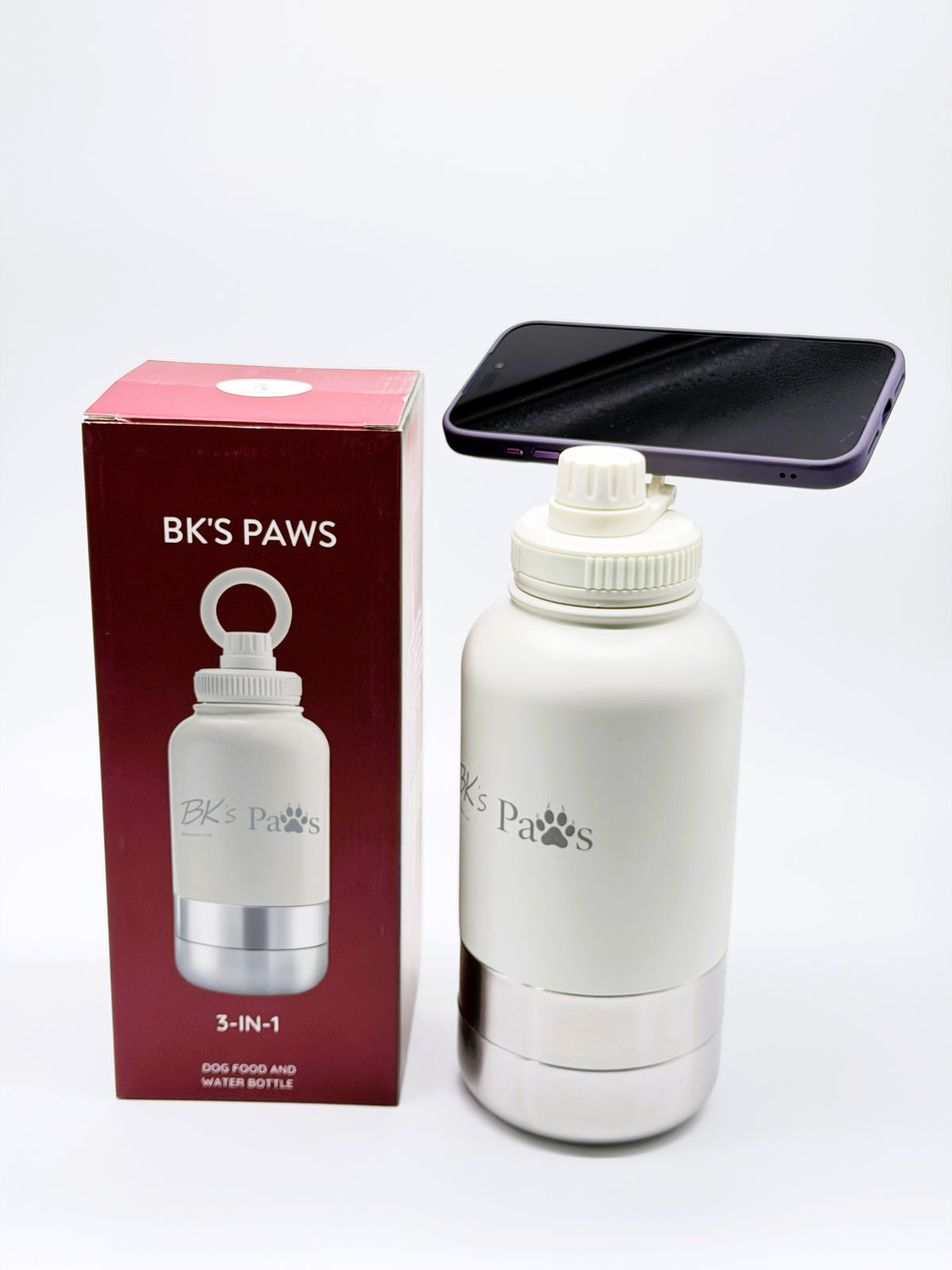 BK’s Paws 3-in-1 Insulated Travel Bottle with 2 Bowls & Phone Holder