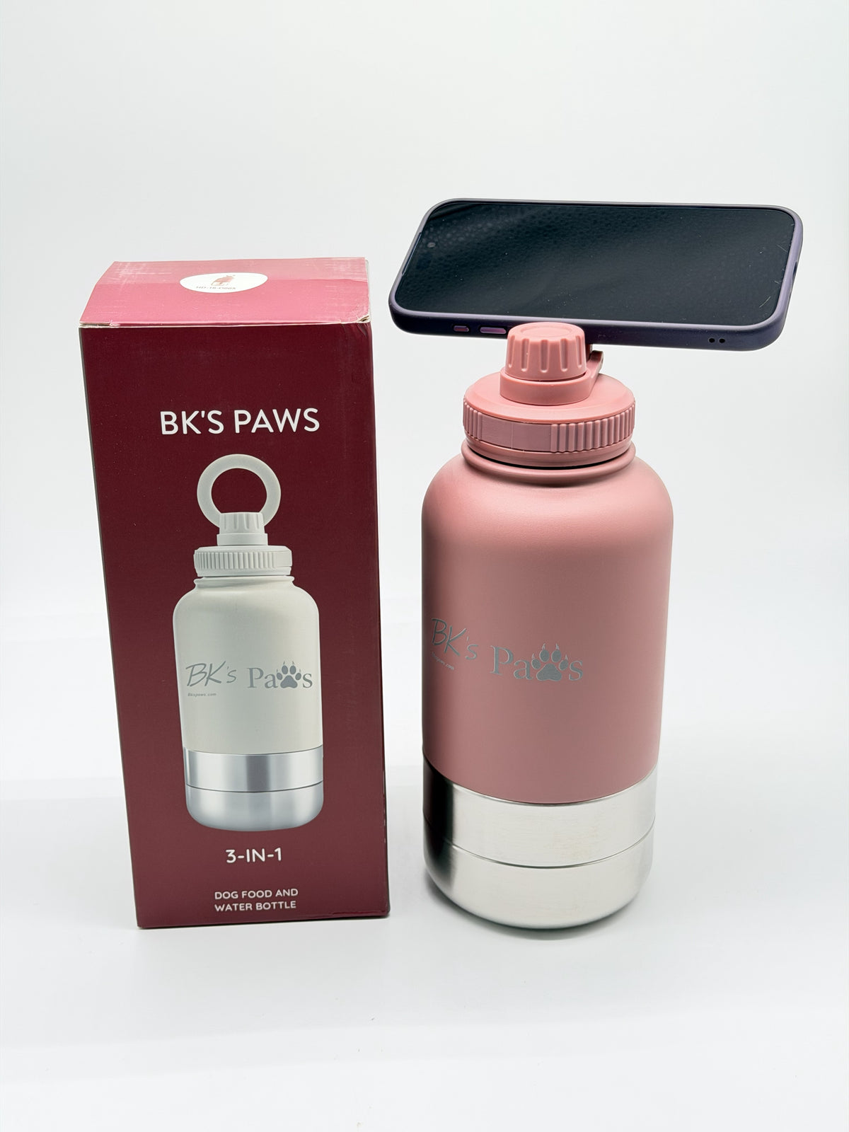 BK’s Paws 3-in-1 Insulated Travel Bottle with 2 Bowls & Phone Holder